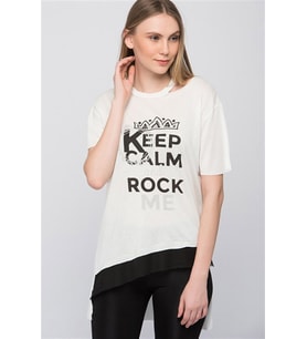 8101001 Keep Calm Baskılı Sol Yaka Kesik Kısa Kol Tunik EKRU