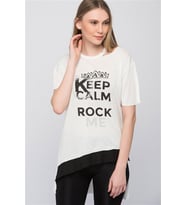 8101001 Keep Calm Baskılı Sol Yaka Kesik Kısa Kol Tunik EKRU