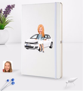 BK Gift Kişiye Özel Plakalı Kadın Volkswagen Golf Karikatürlü Beyaz Termo Deri Defter 16x24cm Model 1