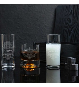 Vintage Tasarımlı Mesajlı Kişiye Özel Rakı ve Taşlı Viski Kadehi Seti