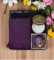 Kişiye Özel Gold Renk Metal Kutulu Mum& Mor Şal& Kutuda Taşlı Zikirmatik-Tespih Hediye Seti
