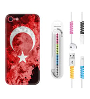 Apple iPhone 5 6 7 8 Plus Se XR Kılıf Kablo Koruma Spiral Silikon Şanlı Türk Bayrağı 1315