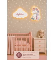 Ahşap Unicorn ve İsme Özel Bulut Pilli Ledli Gece Lamba Seti Yıldız Hediyeli Bebek Çocuk Odası