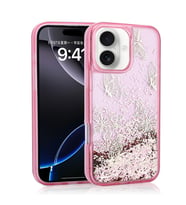 iPhone 16 Kılıf Sıvılı Simli Kelebek Tasarım Şeffaf Liquid Glittery Silikon Kapak (Pembe)