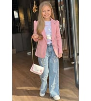 Kız Çocuk Baskılı T-shirt Bol Kesim Yıldız Detaylı Jean Pantolon Pudra Blazer Ce