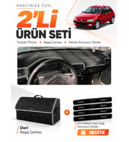 PEUGEOT 106 (1991-2003) Uyumlu Torpido Örtüsü + Deri Bagaj Çantası + Sticker Seti - Siyah Gri