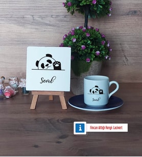 Sevimli Panda Dekoratif Taş, Türk Kahvesi Fincanı Kırmızı İsme Özel Hediye (Model 2)