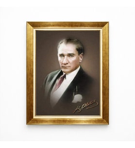 Tablore Mustafa Kemal Atatürk Portresi Altın Varaklı Çerçeve Tablo - K. Atatürk İmzalı Kanvas
