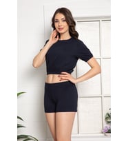 Kadın Göbek Üstü Kolu Ve Beli Lastikli Lacivert Renkli Penye Kumaş Şortlu Pijama Takımı 30111