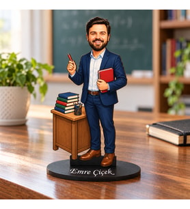 Kişiye Özel Fotoğraflı ve İsimli Erkek Öğretmen Karikatür Ahşap Biblo - 24 Kasım Öğretmenler Günü Hediyesi