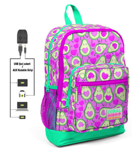 Coral High Pembe Avokado Baskılı İlkokul ve Günlük Sırt Çantası - Kız Çocuk - USB ve AUX Soketli