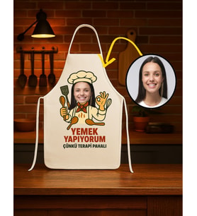 Kişiye Özel Karikatür Fotoğraflı ve İsimli Mutfak Önlüğü Terapi Pahalı (Krem)