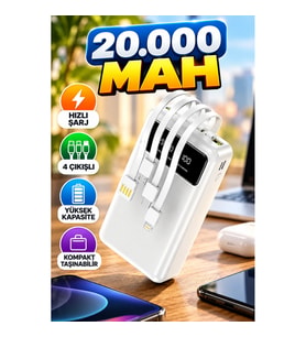 20.000 mAh Powerbank – 4 Çıkışlı Hızlı Şarj Destekli Kompakt Siyah Taşınabilir Şarj Cihazı