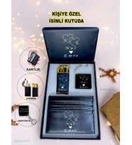 Kişiye Özel İsimli Sevgiliye Hediye Lüks Gazlı Çakmak & Kartlık &Anahtarlık 3Lü Hediye Set Özel Kutu