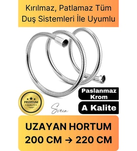 Lüks Paslanmaz Krom Kırılmaz Çatlamaz Tüm Duş Sistemleriyle Uyumlu Uzayan Spiral Hortum Örgü 2,2 mt