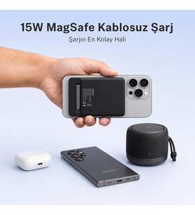 PB117 10000mAh PD20W Hızlı Şarj USB-C Kablosuz MagSafe Telefon Stant Özellikli Mini Powerbank Siyah Android iOS Uyumlu