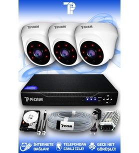 PICAM 3 Kameralı Dome 3 İç Kamera Set 2 TB HDD Full HD Gece Görüşlü Güvenlik Kamerası Sistemi