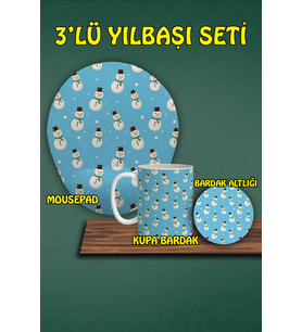 Yılbaşı Temalı 3'lü Bilek Destekli Mousepad Kupa Ve Bardak Altlığı Seti