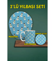 Yılbaşı Temalı 3'lü Bilek Destekli Mousepad Kupa Ve Bardak Altlığı Seti