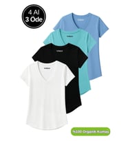 Kadın 4'lü Paket Siyah-Beyaz-Turkuvaz-Mavi %100 Organik Pamuk Tişört V Yaka T-Shirt