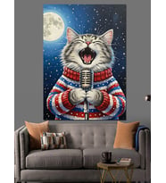 Kazak Giysili Kedi Ay Dekoratif Kanvas - Mdf Ahşap Tablo