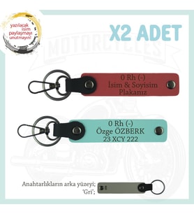 Retro Motorculara Özel, İsim Plaka ve 0 Rh (-) Yazılı Hediyelik x2 Anahtarlık, Nar Çiçeği-Turkuaz-Gr (Çok Renkli)