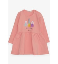 Breeze Kız Çocuk Uzun Kollu Elbise Tüllü Unicorn Nakışlı 1.5-5 Yaş, Somon