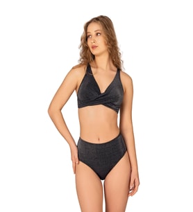Endeep Kadın Siyah Simli Toparlayıcı Yüksek Bel Bikini Takımı