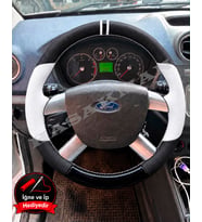 Ford Fiesta Mk5 Dikme Direksiyon Kılıfı Delikli Deri Parlak Siyah Beyaz Detay Çift Yüzük ve Dikiş 2006-2008