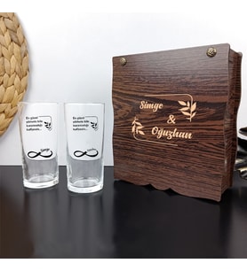 Kişiye Özel Ahşap Hediye Kutusu İçinde İkili Rakı Bardağı Seti