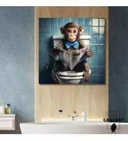 Tekli Kare Kanvas Banyo Tablosu Gazete Okuyan Papyonlu Maymun