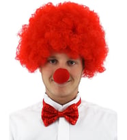 Kırmızı Renk Kıvırcık Afro Bonus Peruk Takma Saç ve Kırmızı Burun Seti