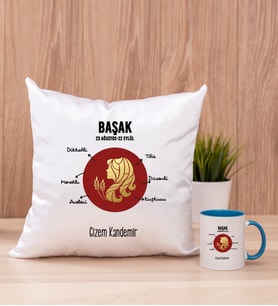 Kişiye Özel Başak Burcuna Hediye Kare Yastık ve Mavi Kupa