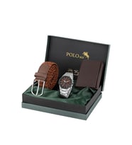 Polo Air Erkek Kol Saati Cüzdan Kemer Hediyelik Kutusunda Kahverengi Taba Set Gümüş Kahverengi Renk PL-7044E5 (Taba - Kahverengi)