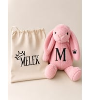 Kişiye Özel İsimli Peluş Tavşan ve Kese Seti - Koyu Pembe