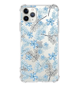 Apple iPhone 11 ProMax Uyumlu Köşe Korumalı Antişok  Kapak Floral Mavi Tasarımlı Şeffaf  Kılıf