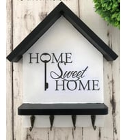 "Sweet Home" Ahşap Anahtarlık 4 kancalı Ahşap Anahtarlık Hol Antre Askılık Duvar (Siyah Beyaz)