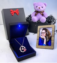 925 Ayar Gümüş Laleli Kolye 100 Dilde Seni Seviyorum Rose Kaplama Zirkon Taşlı Kadın Kolye Fotoğraflı & Mor Ayıcıklı