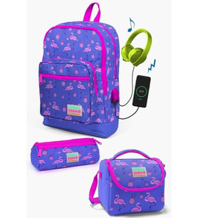 Coral High Kids Lavanta Pembe Flamingo Desenli USB'li 3’lü Okul Çanta Seti - Kız Çocuk