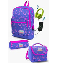 Coral High Kids Lavanta Pembe Flamingo Desenli USB'li 3’lü Okul Çanta Seti - Kız Çocuk