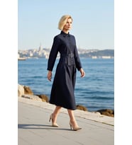 Kadın Maxi Elbise Yaka Uzun Standart Kol Dökümlü Kemerli Denim Rigid Dokuma Düz
