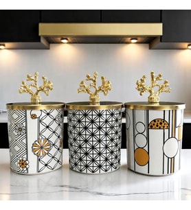 Baharatlık Silindir 3 lü Kahve Köşesi Seti Karma Desenli Siyah 750 ml Hacimli Gold