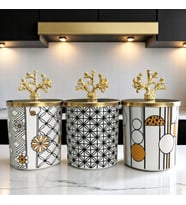 Baharatlık Silindir 3 lü Kahve Köşesi Seti Karma Desenli Siyah 750 ml Hacimli Gold