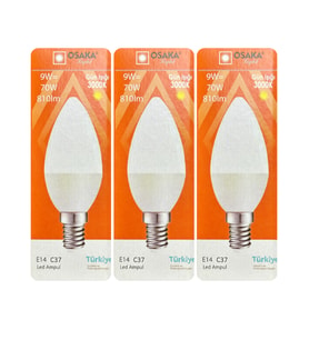 (3 Adet) Osaka 9W (70W) Sarı Işık (3000K) E14 Duylu (İnce Duy) Led Mum Ampul