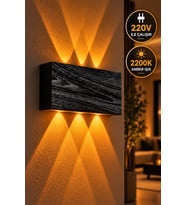 Siyah Ahşap Desenli 12W 2200K Amber Işıklı 3 Gözlü Yukarı Aşağı Dekoratif Duvar Apliği 16 cm