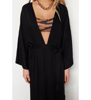 Moda Dokuma Regular Kalıp Uzun V Yaka Standart Kol Shally Panço Şal Desen Kimono Kaftan (Siyah)