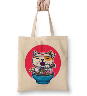 Kedi Cat Eating Ramen Noodle Bez Çanta Uzun Saplı