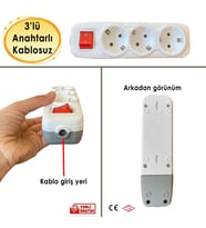 Grup Priz 3'lü Anahtarlı Kablosuz Topraklı Başlık Klemensli Çoğaltma Üçlü Piriz (Beyaz)