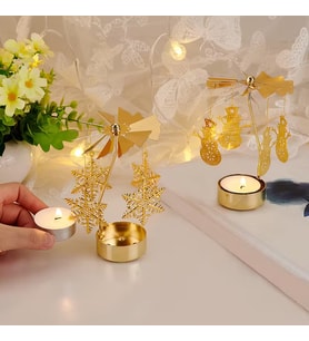 Altın Renkli Dönebilen Metal Tealight Mumluk – Kar Tanesi ve Noel Figürlü Dekoratif Mumluk
