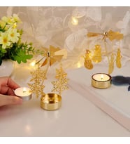 Altın Renkli Dönebilen Metal Tealight Mumluk – Kar Tanesi ve Noel Figürlü Dekoratif Mumluk